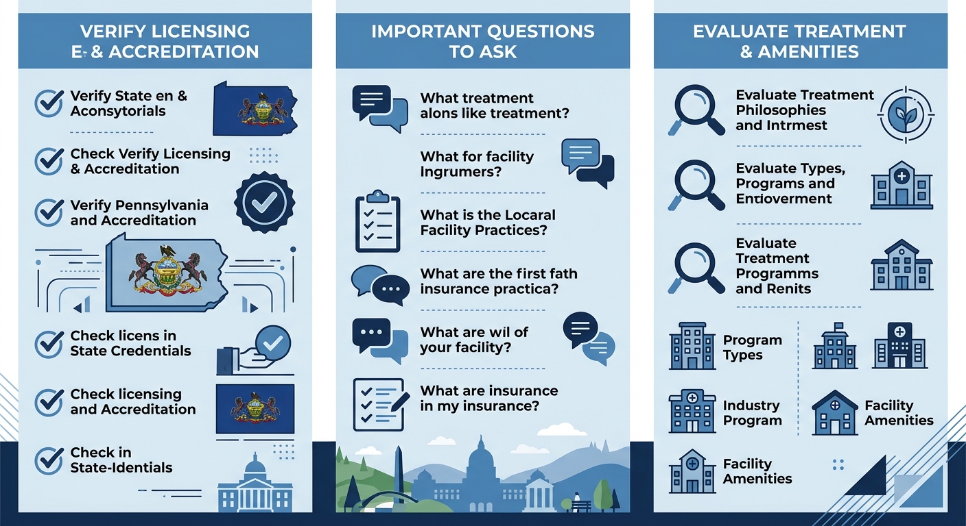 Infographic with three vertical columns for verifying licensing, asking key questions, and evaluating treatment options for selecting a Pennsylvania rehab.