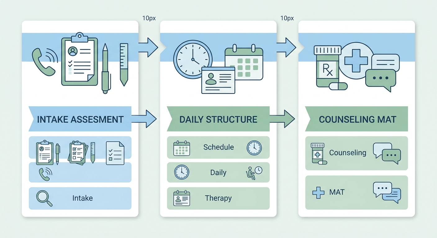 Three-step process flow for drug and alcohol rehabilitation in Pennsylvania: Intake & Assessment, Daily Outpatient Structure, and Counseling & MAT Integration, shown in a horizontal layout with connecting arrows