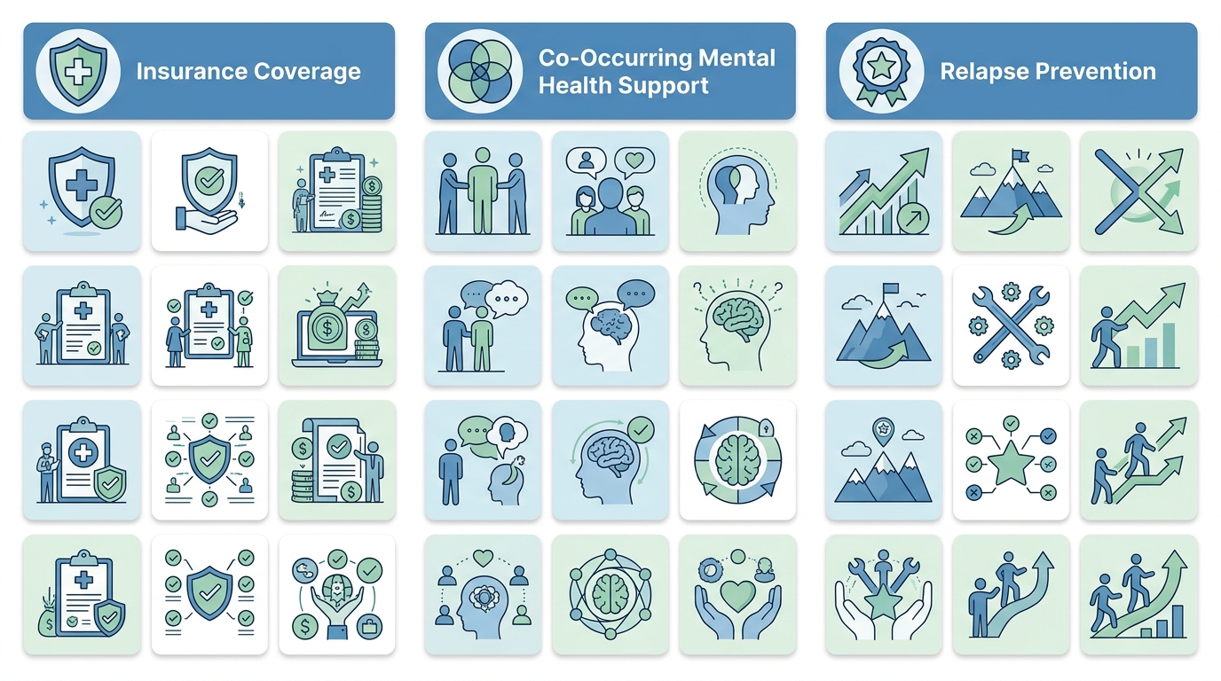 Comparison of three key benefits of drug abuse counseling: Insurance Coverage, Co-Occurring Mental Health Support, and Relapse Prevention, with shield, interconnected circles, and star icons in a calming blue and green palette.