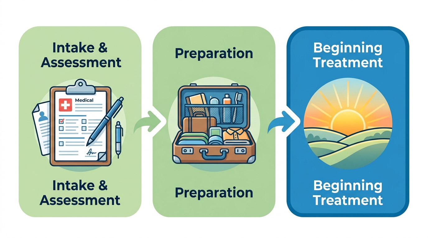 Horizontal process flow diagram showing three stages of alcohol rehab in Bucks County: Intake and Assessment, Preparation, and Beginning Treatment, with arrow connections between them.