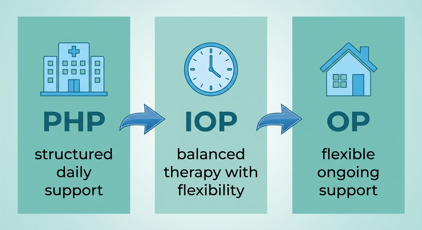 Infographic comparing Partial Hospitalization, Intensive Outpatient, and Outpatient Programs for addiction treatment in Bucks County, Pennsylvania