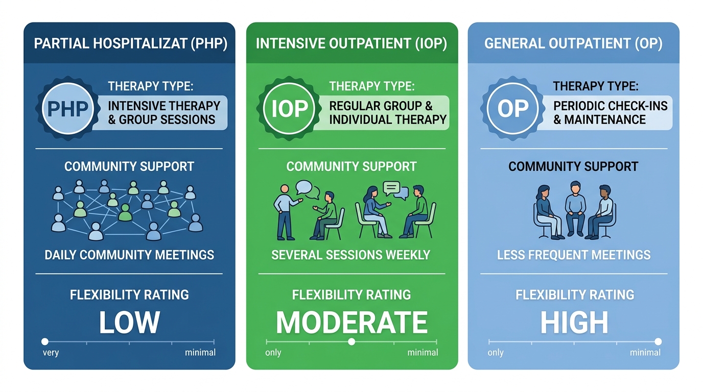 Infographic comparing three levels of outpatient addiction treatment: Partial Hospitalization (PHP) with highest structure, Intensive Outpatient (IOP) with moderate structure, and General Outpatient (OP) with flexible scheduling.