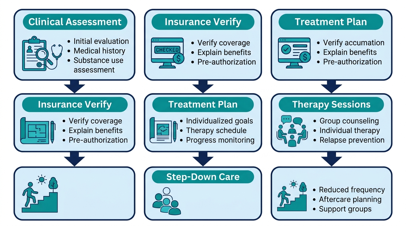 Addiction treatment process flow showing five stages of outpatient care progression