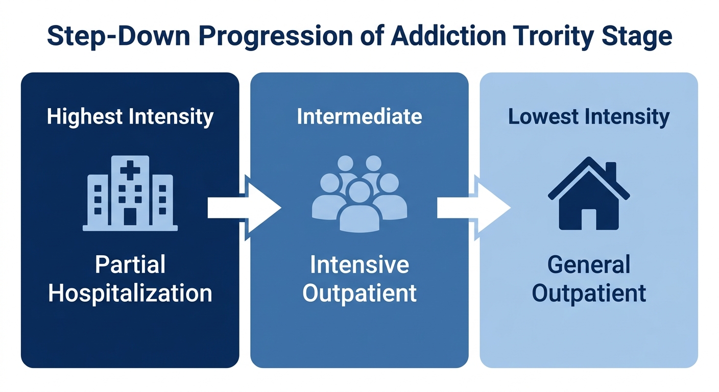 Horizontal process flow showing the step-down progression from Partial Hospitalization Program (highest intensity) to Intensive Outpatient Program to General Outpatient Program (least intensity) in Bucks County addiction treatment.