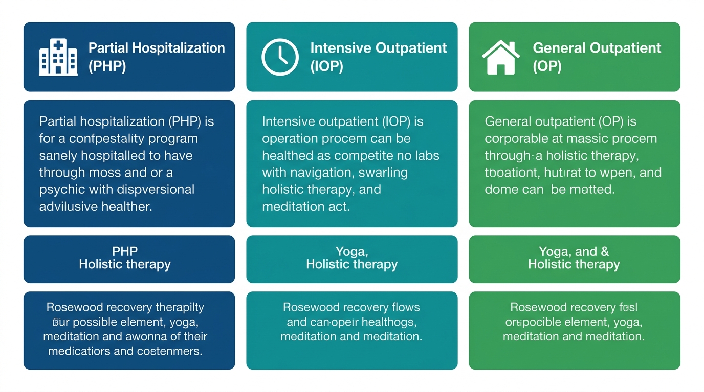 Infographic comparing three levels of addiction treatment offered by Rosewood Recovery in Bucks County: Partial Hospitalization (PHP), Intensive Outpatient (IOP), and General Outpatient (OP), with icons for hospital, clock, and home.