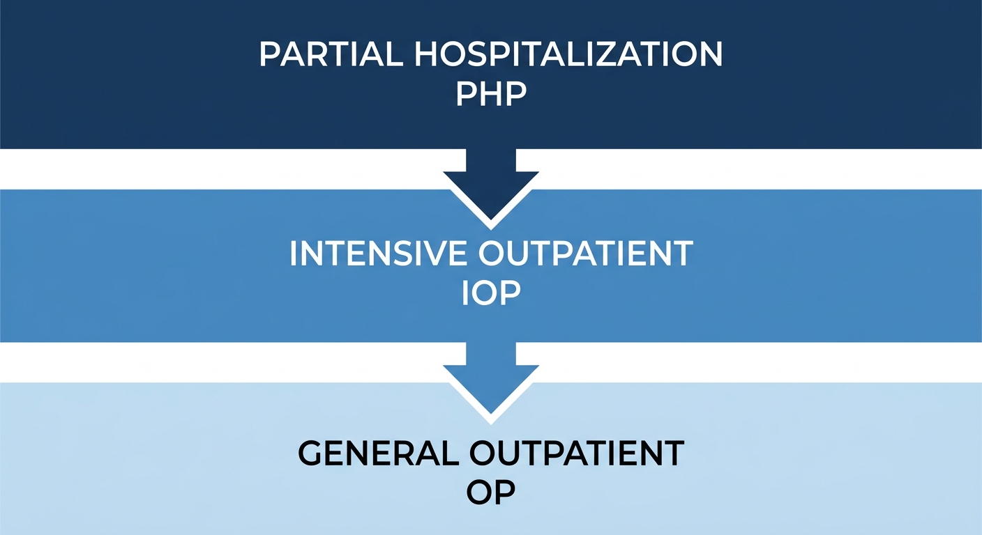 Infographic of drug abuse counseling continuum of care in Newtown, Pennsylvania showing three tiered levels: Partial Hospitalization Program (PHP), Intensive Outpatient Program (IOP), and General Outpatient Program (OP) with downward arrows depicting step-down approach.
