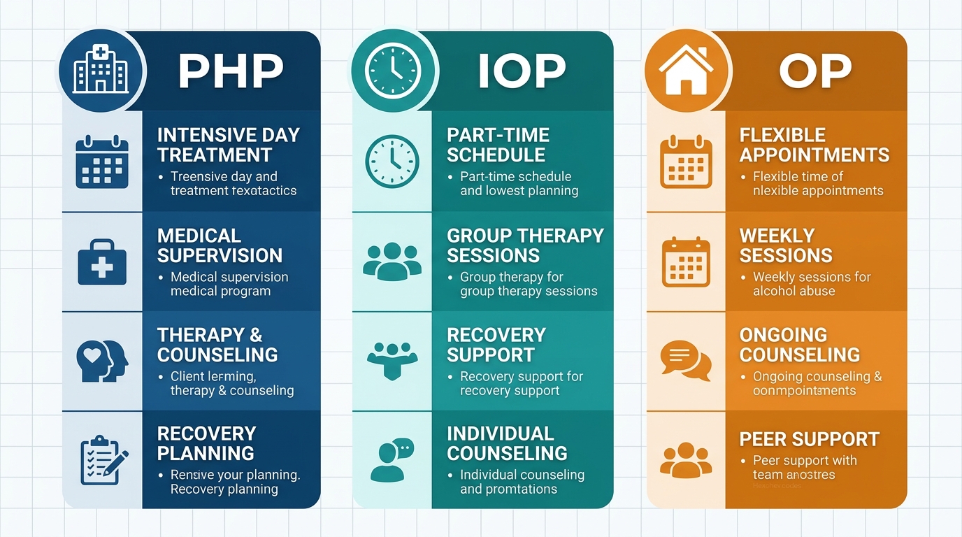 Infographic comparing PHP, IOP, and OP treatment programs for alcohol abuse in Quakertown, with color-coded columns and icons