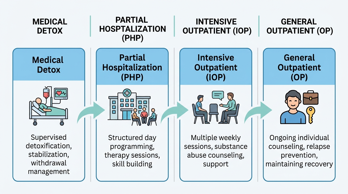 Sequential flow of four alcohol addiction treatment services from Medical Detox through General Outpatient with interconnected boxes