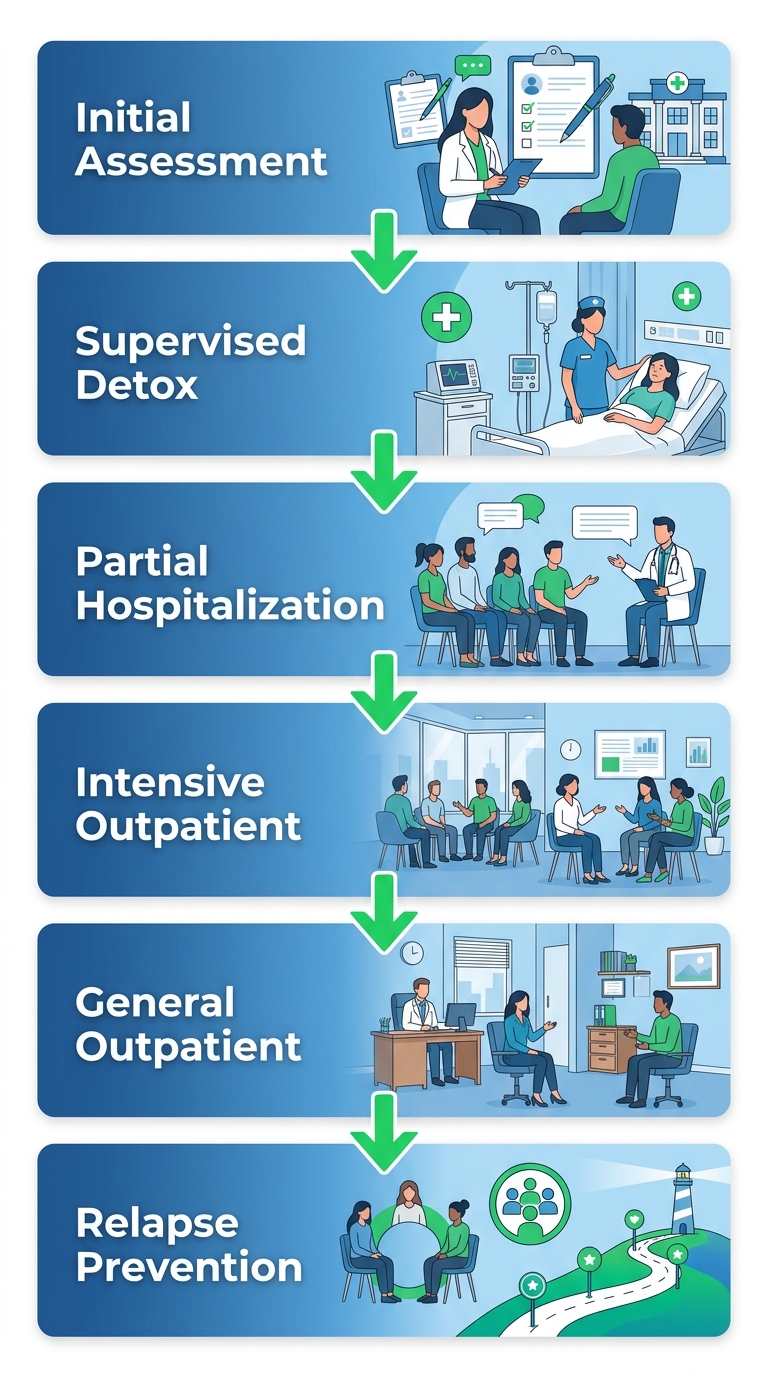 Step-by-step journey of alcohol addiction treatment with six vertically arranged stages