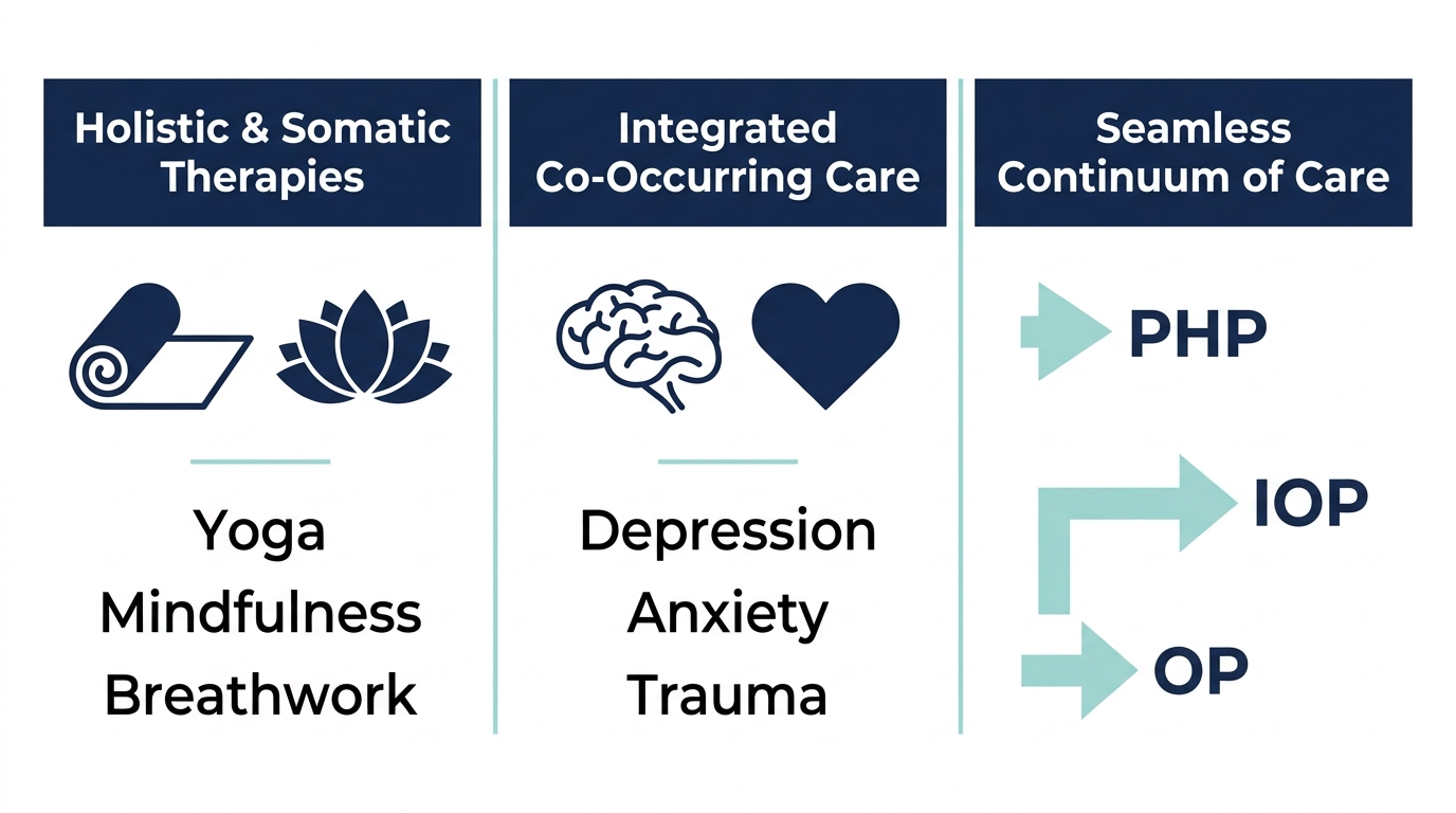 Infographic showing three columns of benefits of evidence-based addiction treatment in Bucks County: holistic therapies with yoga and mindfulness icons, integrated co-occurring care with brain and heart icons, seamless continuum of care with PHP IOP OP progression arrows