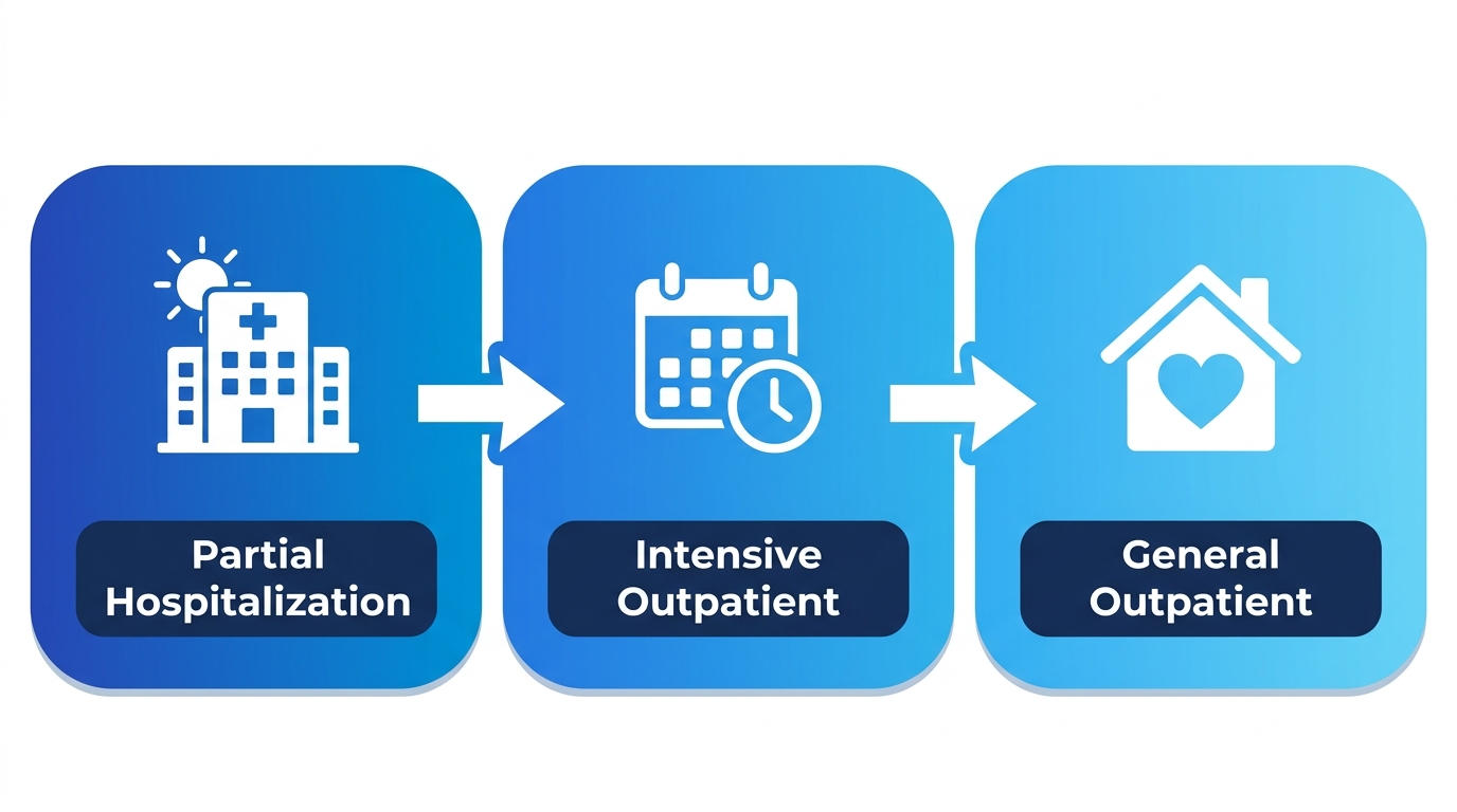 Horizontal process flow diagram illustrating step-down levels of care from Partial Hospitalization Program to Intensive Outpatient Program to General Outpatient Program at Rosewood Recovery.