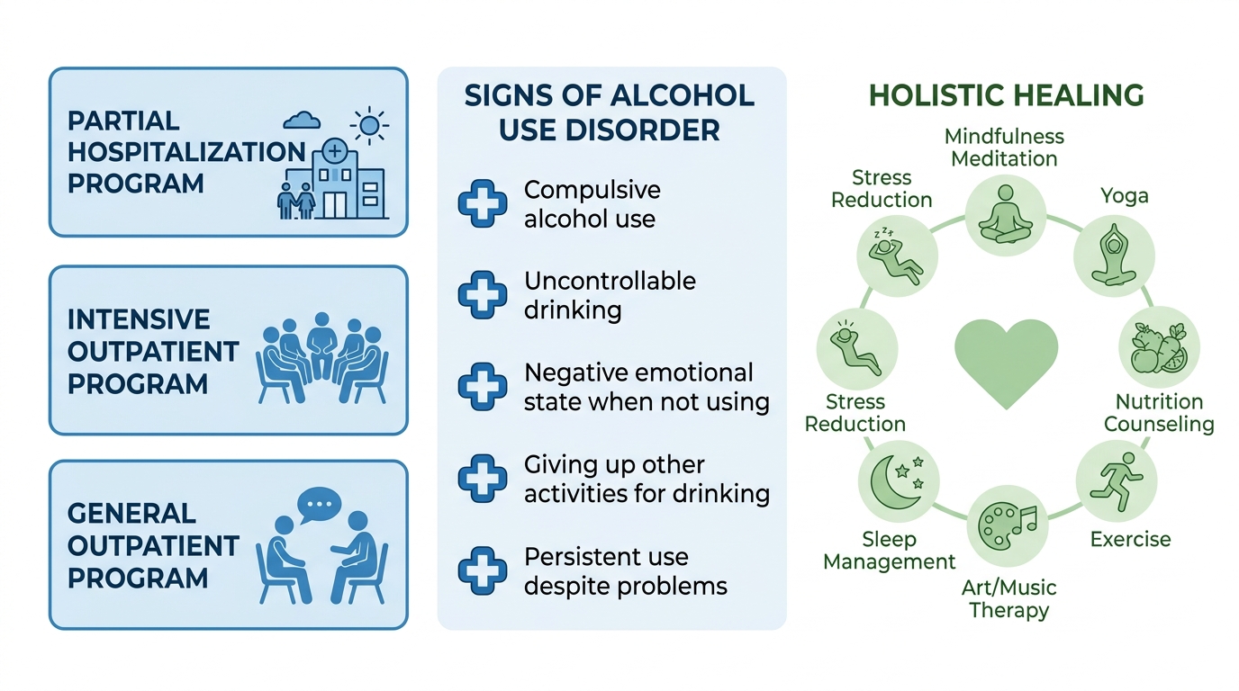Infographic illustrating alcohol abuse treatment options, signs of alcohol use disorder, and holistic healing therapies.