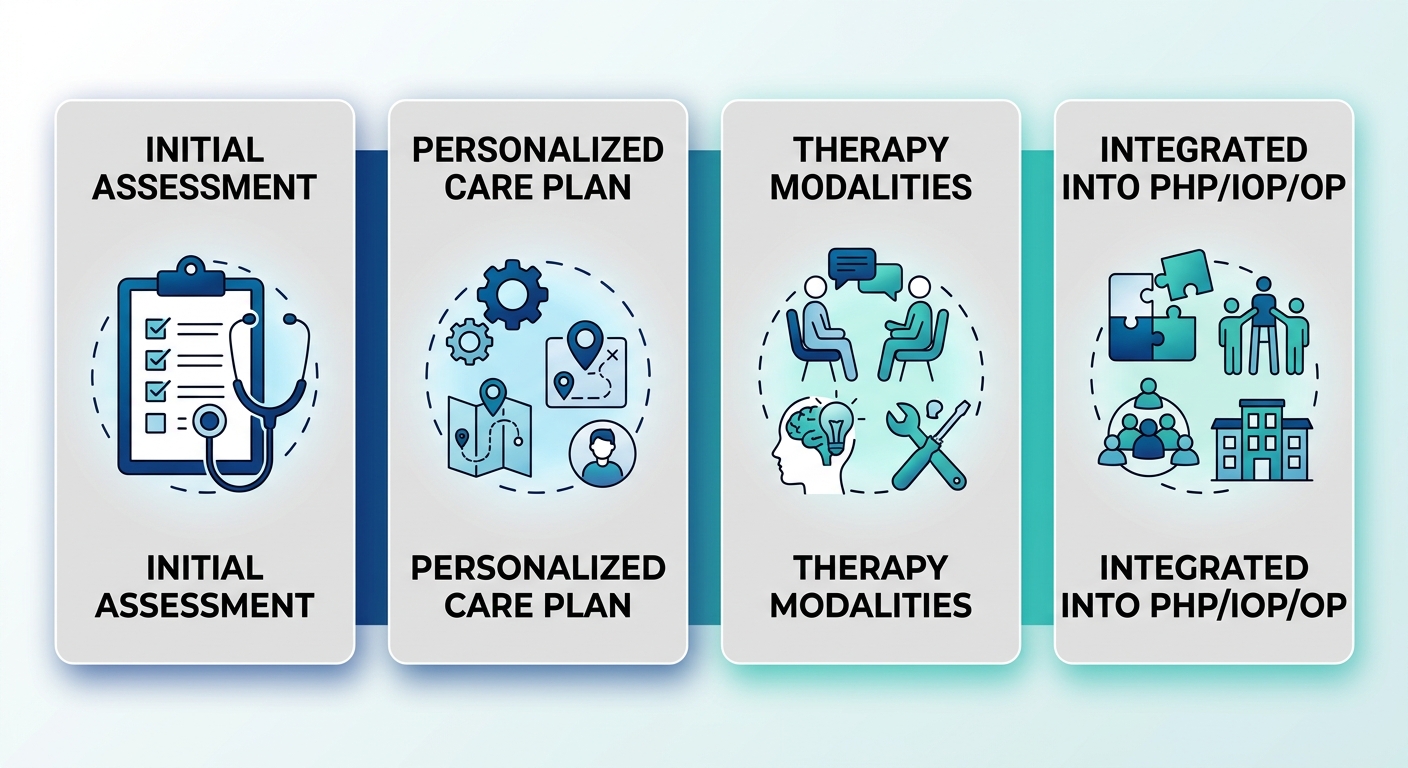 Horizontal process flow diagram with four connected stages for depression counseling in Bristol, Pennsylvania. Stage 1: 'Initial Assessment' (clipboard icon), Stage 2: 'Personalized Care Plan' (document icon), Stage 3: 'Therapy Modalities (CBT, DBT, EMDR)' (speech bubble icon), Stage 4: 'Integrated into PHP/IOP/OP' (puzzle pieces icon). Arrows connecting stages. Professional medical style, blue and teal colors. Clean, modern layout.