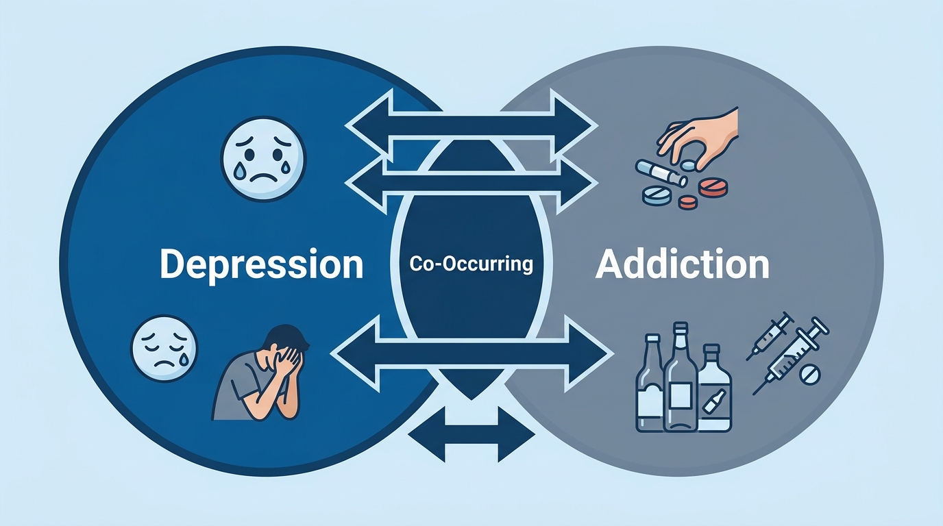 Infographic: two overlapping circles representing co-occurring depression and substance use disorders, with mood icons inside each circle, medical professional style.