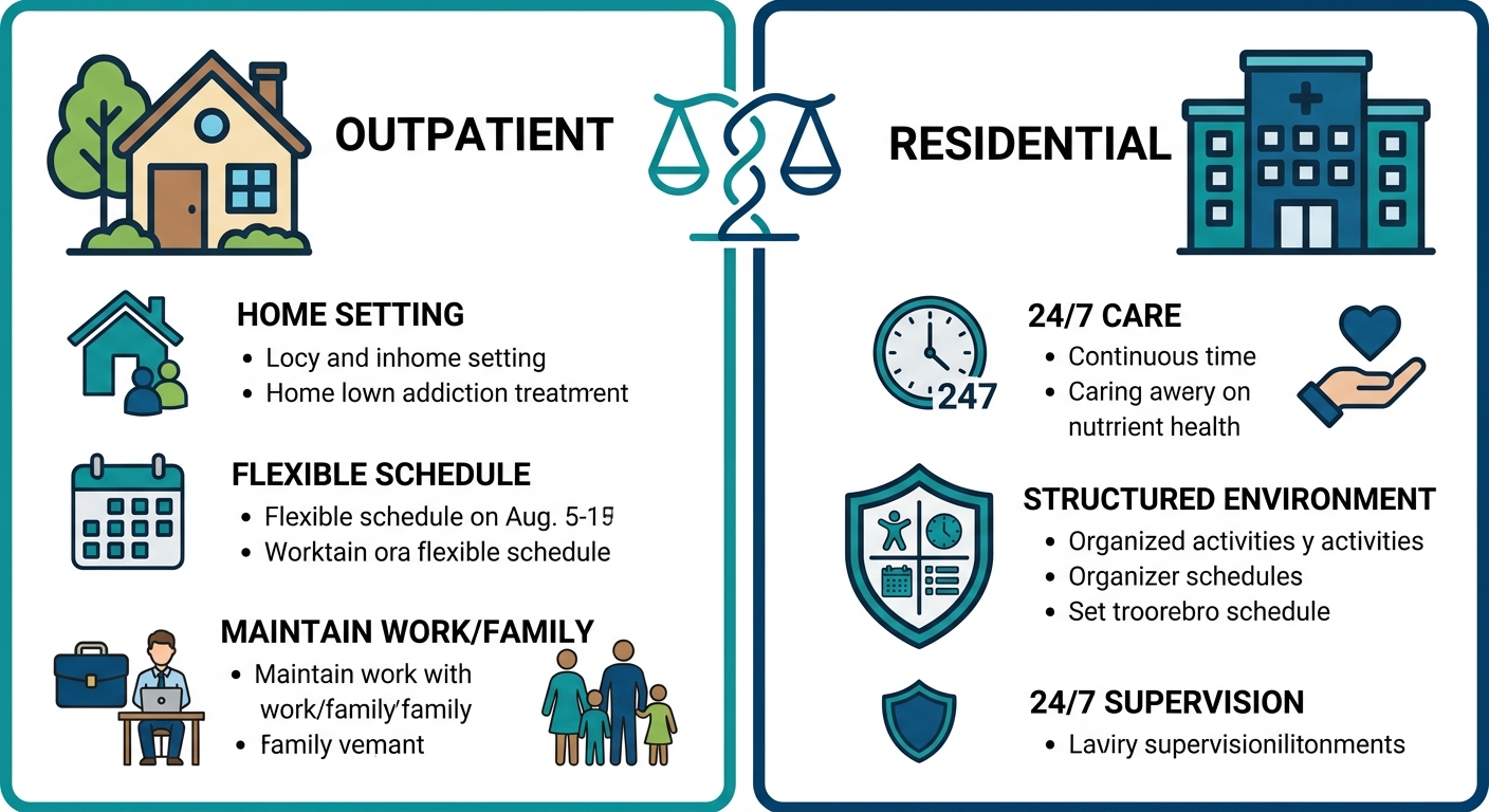 Side-by-side comparison infographic of outpatient versus residential addiction treatment with icons and color-coded panels