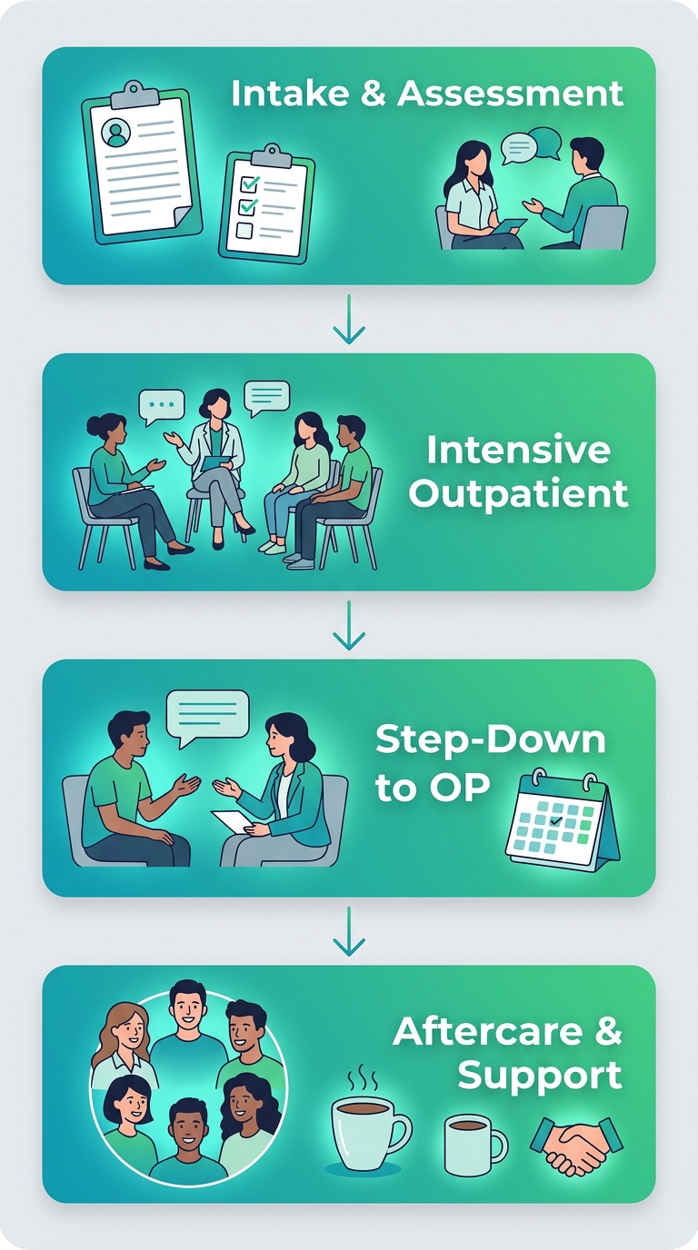 Outpatient treatment journey from intake to aftercare.