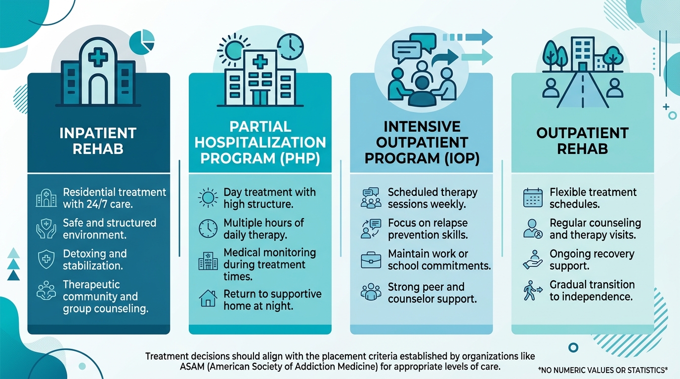 Infographic displaying four types of drug rehab programs: inpatient, outpatient, Partial Hospitalization Program, and Intensive Outpatient Program, each with an icon and description.