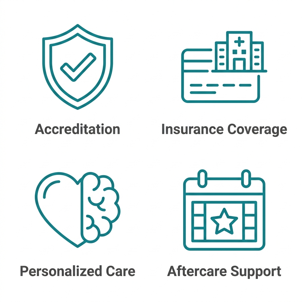 Four outlined icons in a 2x2 grid representing accreditation, insurance, personalized treatment, and aftercare criteria for choosing a treatment center