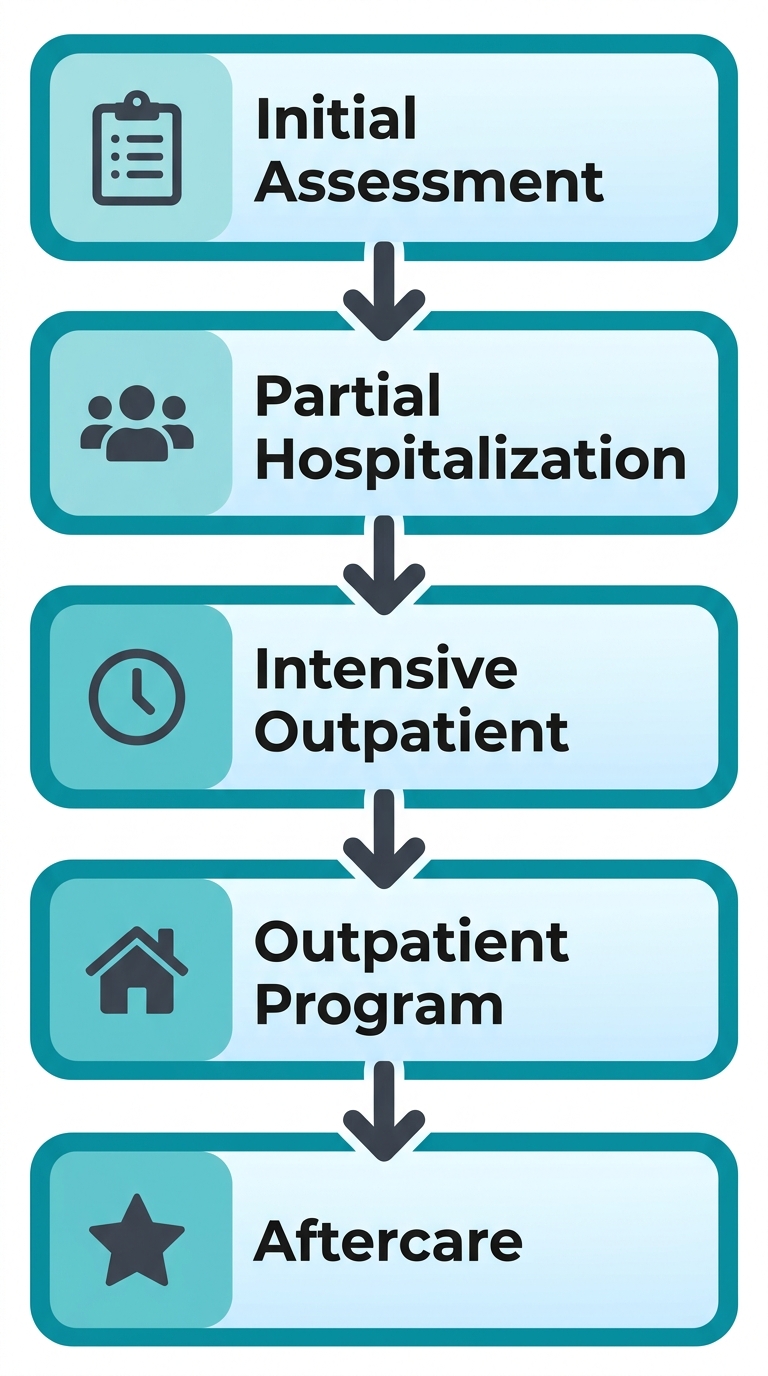 Vertical process flow diagram showing five levels of addiction care from Initial Assessment through Aftercare and Ongoing Support