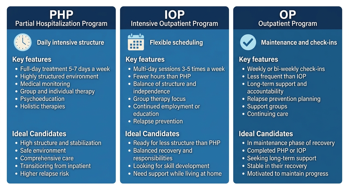 Infographic comparing Partial Hospitalization Program, Intensive Outpatient Program, and Outpatient Program addiction treatment levels in Doylestown, Pennsylvania.