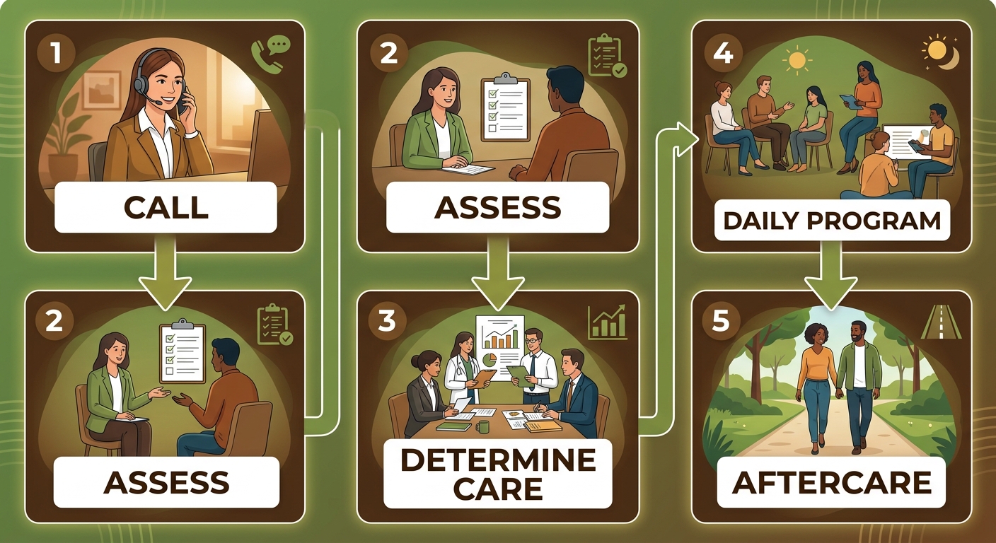 Five-stage journey showing how drug treatment works in Doylestown, from initial consultation to aftercare planning.