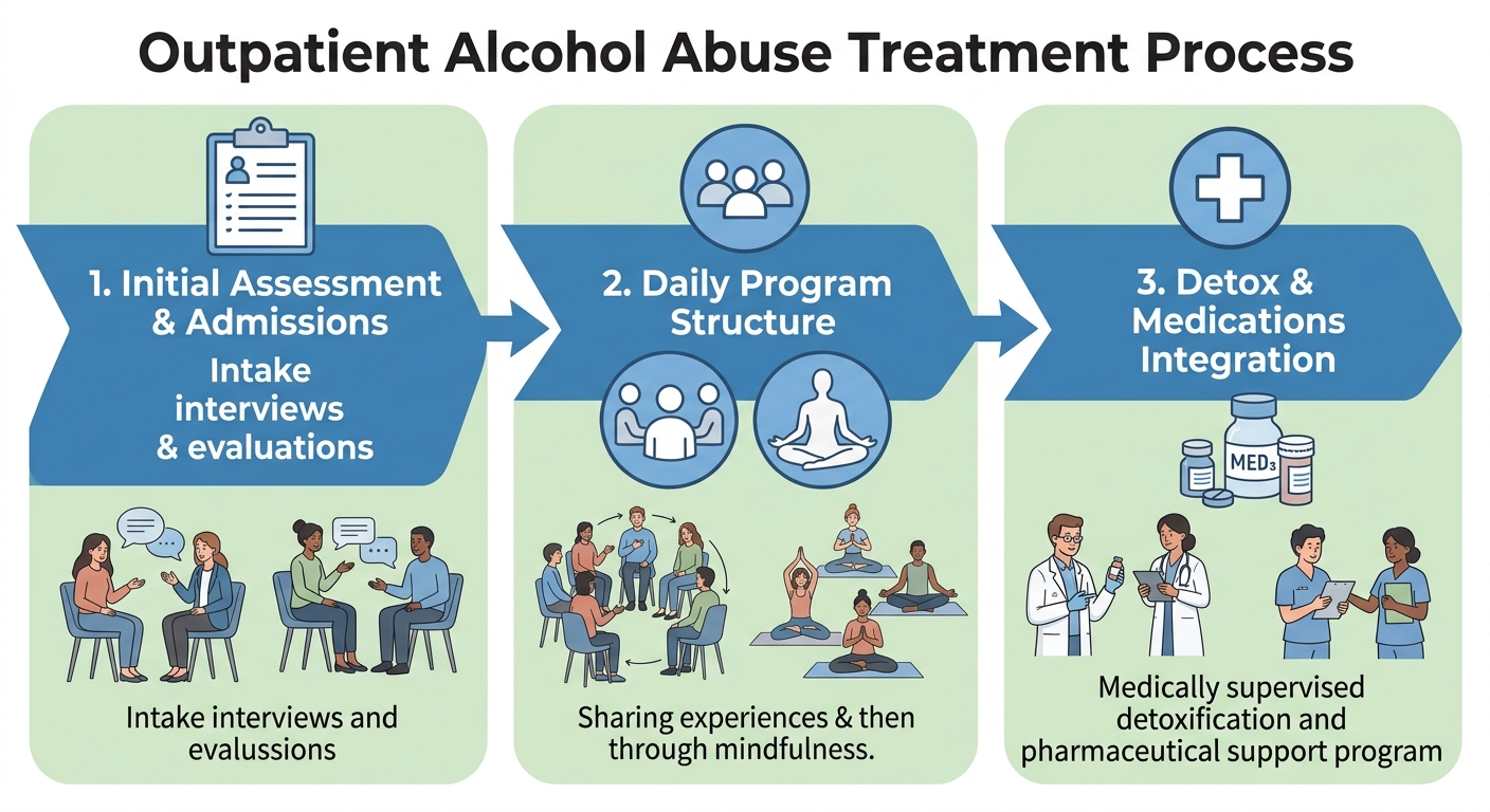 Three-stage process flow for outpatient alcohol abuse treatment in Doylestown showing Initial Assessment, Daily Program Structure, and Detox & Medications Integration with calming blue and green colors.