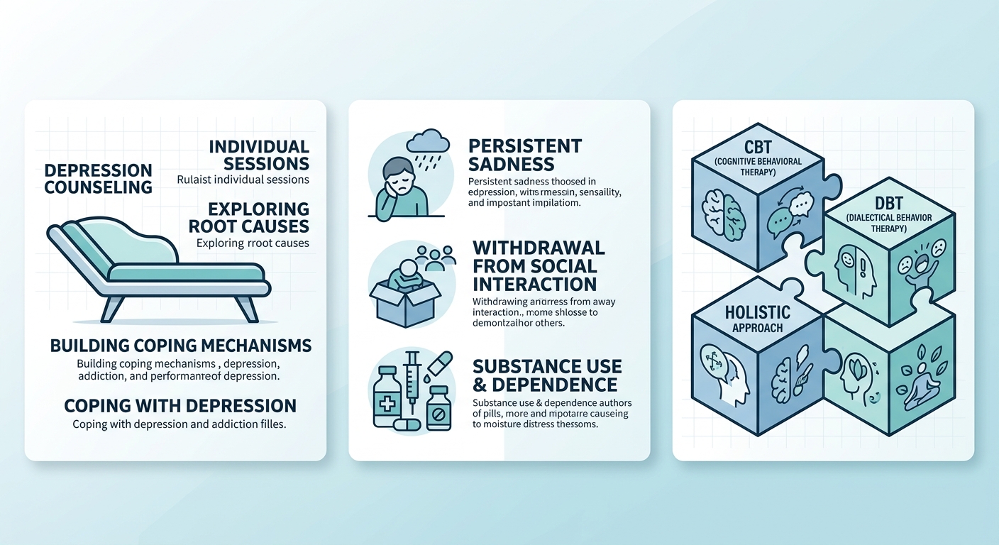 Three-panel infographic on depression counseling for co-occurring disorders with therapy couch icon, sadness and withdrawal signs, and CBT, DBT, Holistic therapy icons