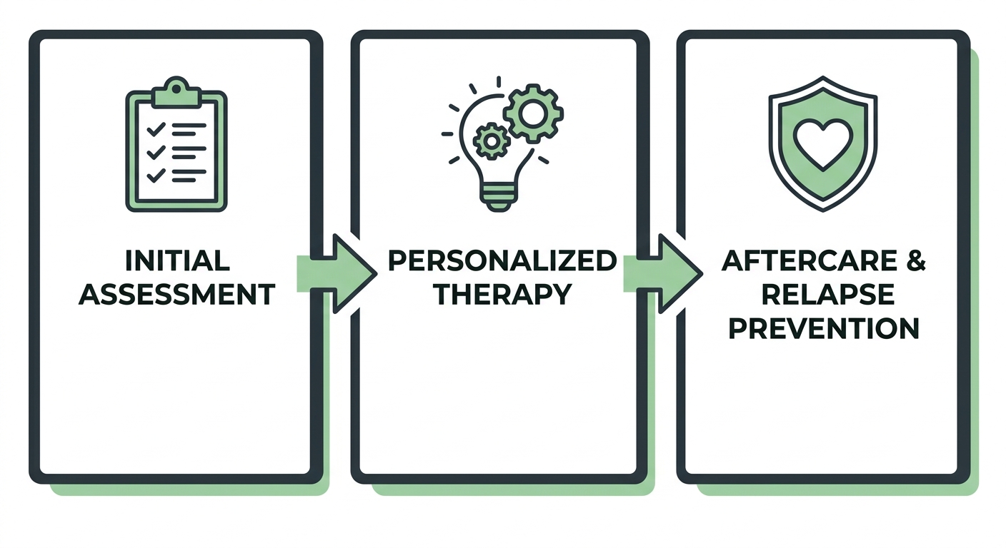 Flow diagram showing three stages of outpatient drug rehab in Philadelphia: Initial Assessment, Personalized Therapy, and Aftercare & Relapse Prevention.