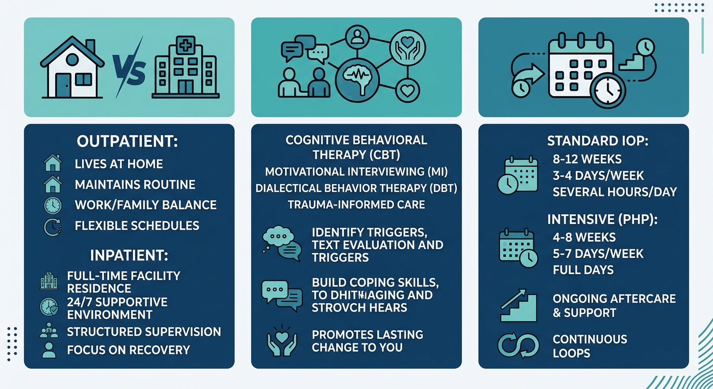 Comparison infographic of three aspects of outpatient drug rehab in Philadelphia: differences from inpatient care, evidence-based therapies, and program durations