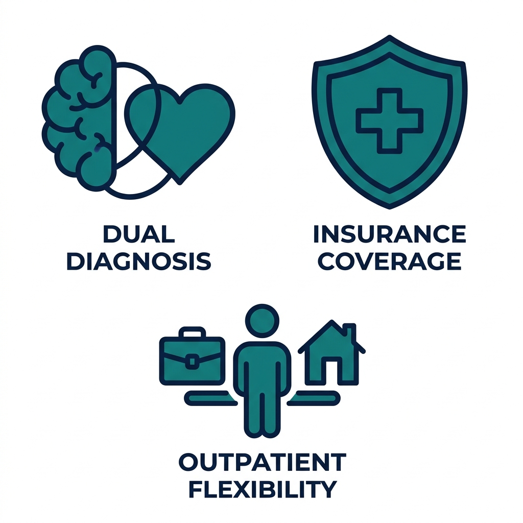 Set of three flat icons representing benefits of professional detox care: dual diagnosis support, insurance coverage, and outpatient flexibility.