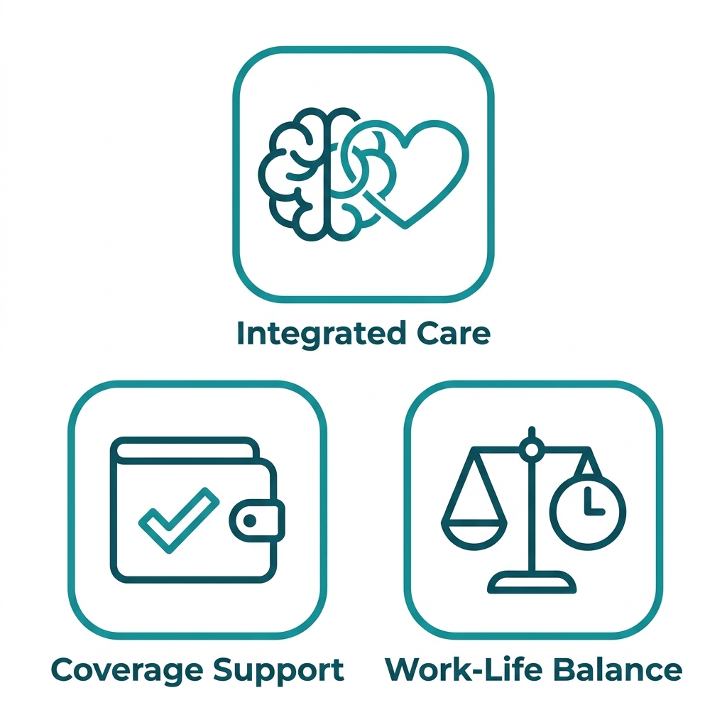Icon set showing three benefits of outpatient treatment in Bristol: Integrated Care, Coverage Support, and Work-Life Balance.
