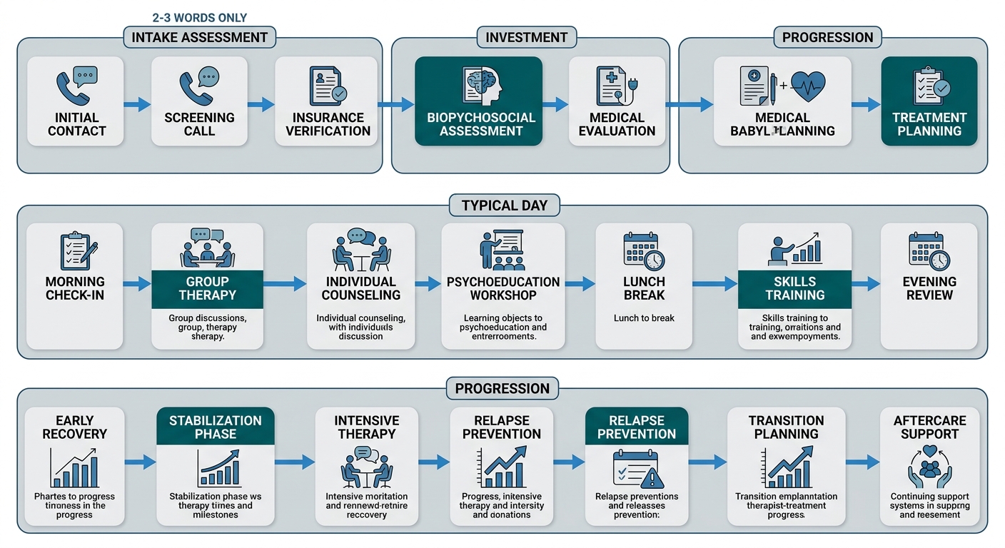 Outpatient treatment process flow at Rosewood Recovery showing intake assessment, typical therapy day, and progression through care levels.