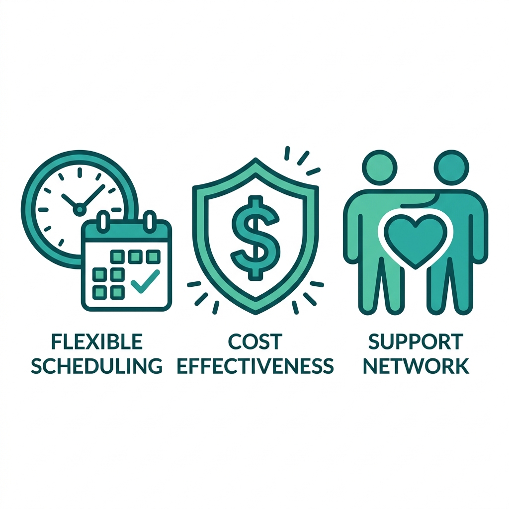 Icons for flexible scheduling, cost-effectiveness, and support network benefits of outpatient alcohol abuse treatment in Bucks County.