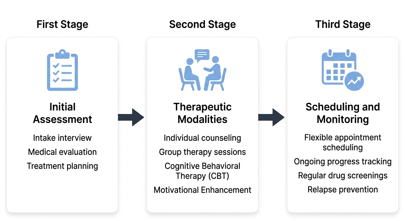 Process flow showing three stages of outpatient alcohol treatment at Rosewood Recovery: Initial Assessment, Therapeutic Modalities, Scheduling & Monitoring.