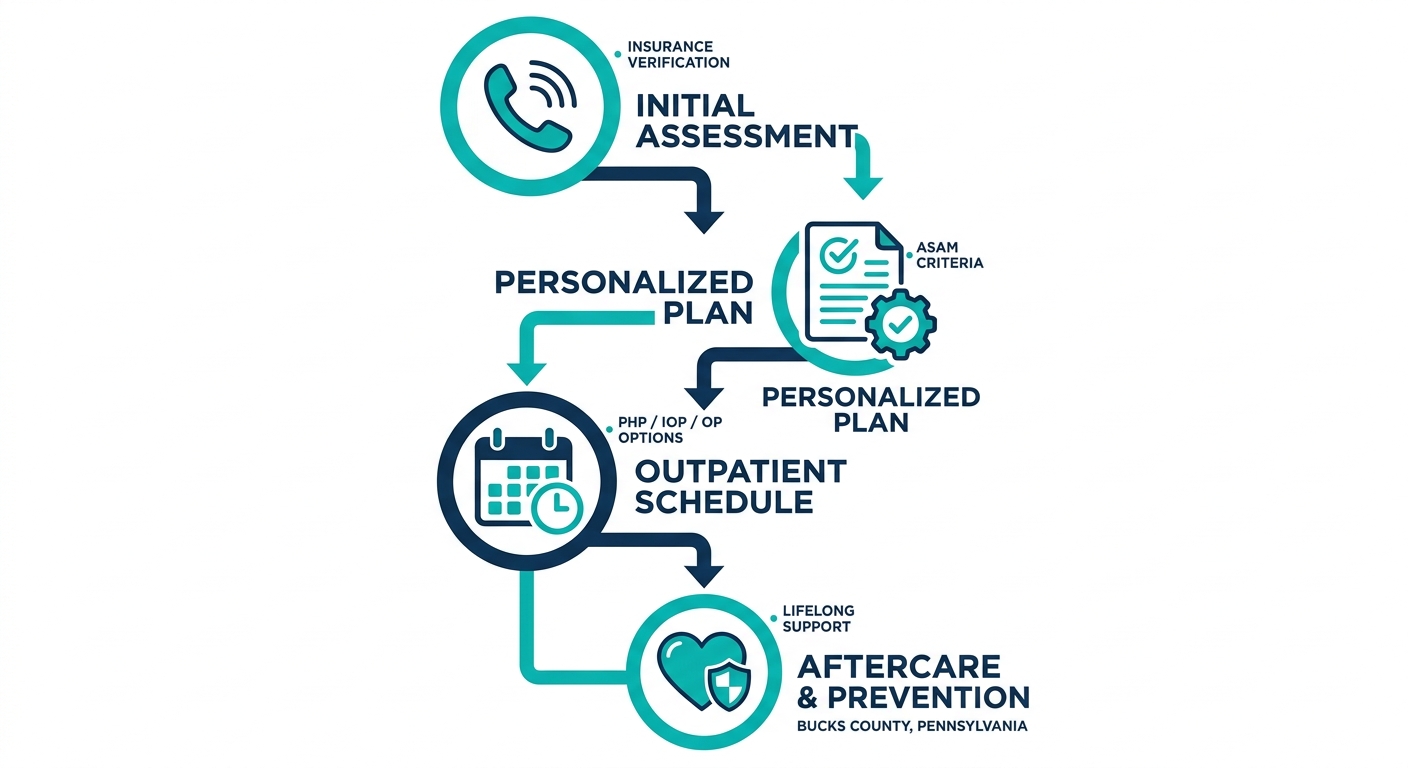 Vertical process flow showing four stages of outpatient alcohol treatment at Rosewood Recovery in Bucks County, from initial assessment to aftercare.