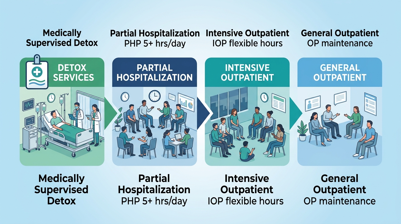 Horizontal infographic showing four levels of alcohol rehab care in Bucks County from medically supervised detox to general outpatient program with color-coded blocks on a soft blue gradient background