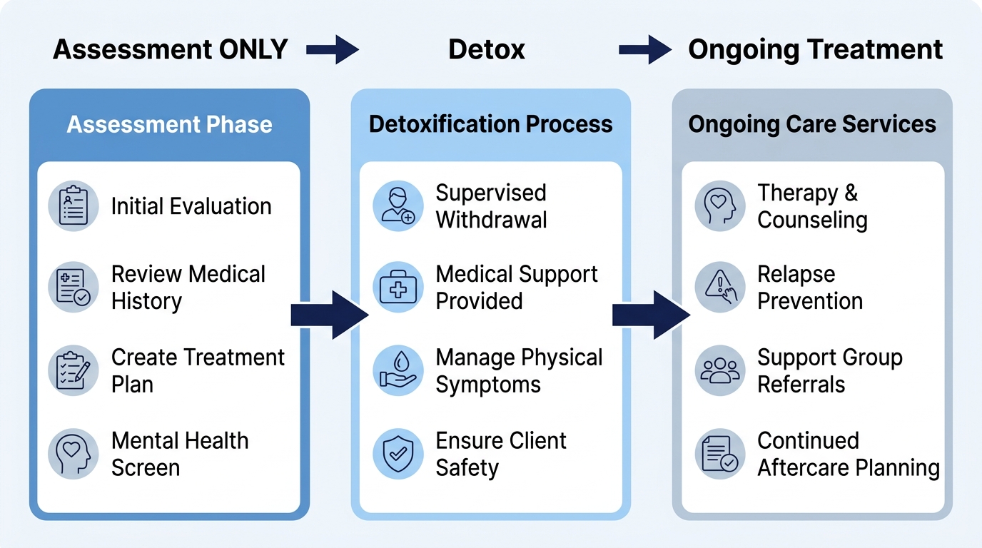 Horizontal process flow diagram showing three stages of drug detox from initial assessment to transition to ongoing treatment