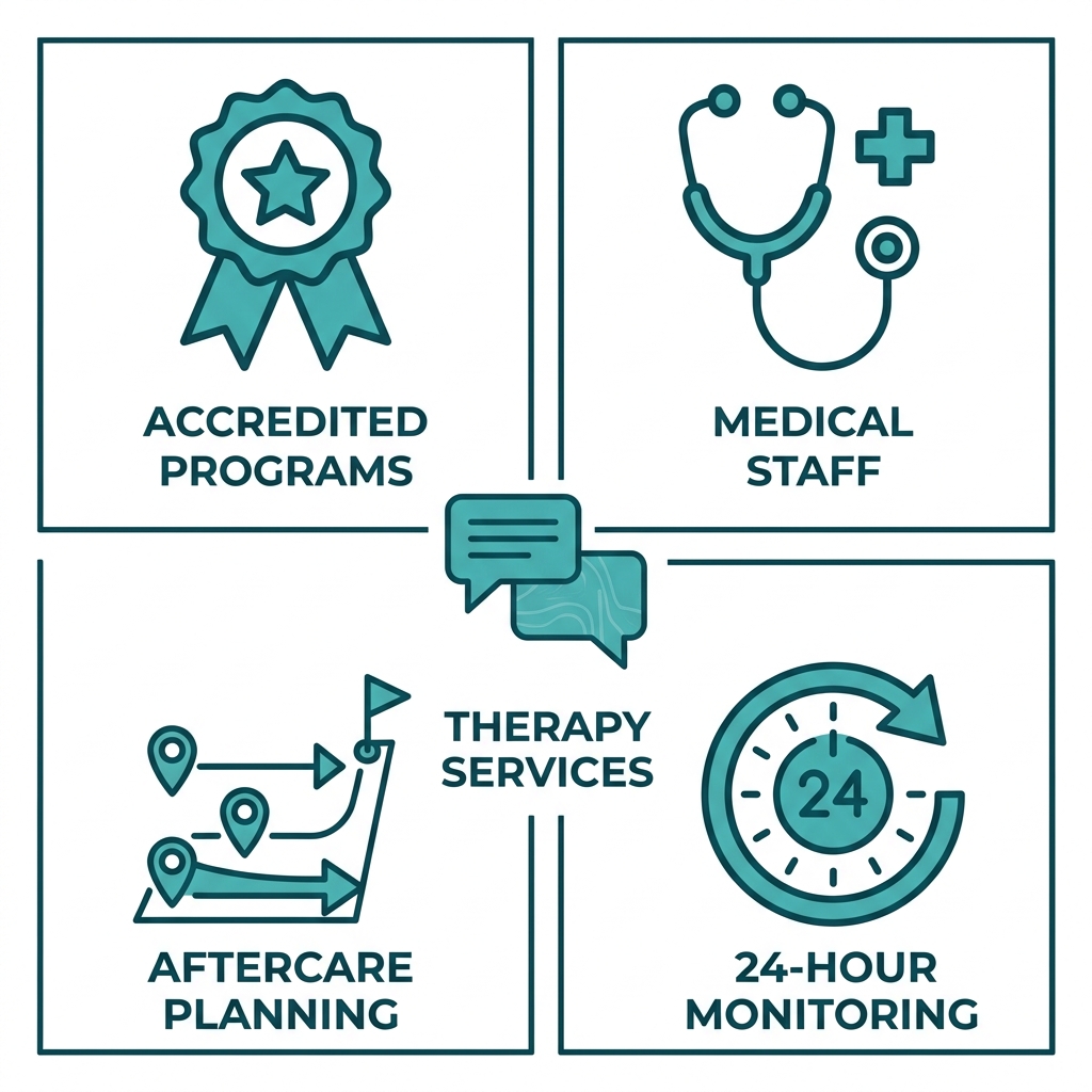 Icon set showing accreditation badge, stethoscope, conversation bubbles, roadmap, and 24-hour clock for choosing a drug detox program in Bristol, Pennsylvania
