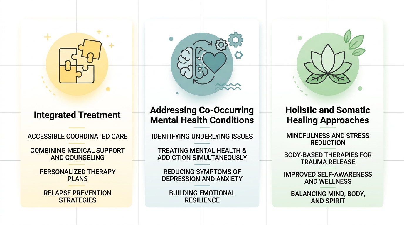 Three-column infographic showing key benefits of professional addiction counseling: integrated treatment, co-occurring mental health conditions, and holistic healing approaches.