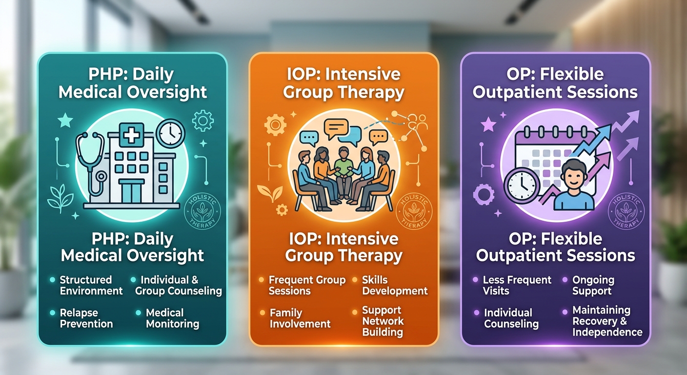 Infographic with three horizontal panels representing PHP, IOP, and OP levels of addiction treatment, each with a unique color, icon, and short descriptor.