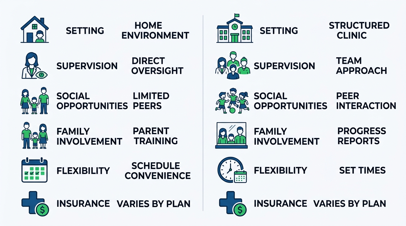 Two-column infographic comparing in-home and center-based ABA therapy in Atlanta with labeled icons for setting, supervision, social opportunities, family involvement, flexibility, and insurance.