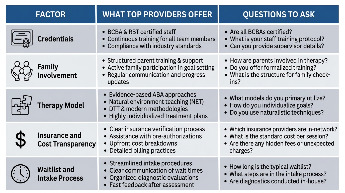 Professional comparison infographic of five key factors for evaluating ABA providers in Athens, Georgia: Credentials, Family Involvement, Therapy Model, Insurance and Cost Transparency, and Waitlist and Intake Process. Three-column layout featuring icons for each factor.