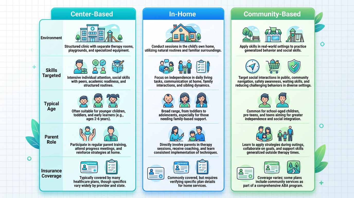ABA therapy comparison infographic: center-based, in-home, and community-based options