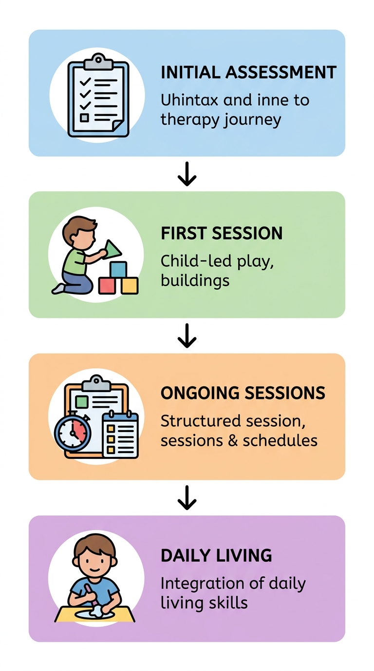 Vertical process flow diagram of in-home ABA therapy with four connected stages: Initial In-Home Assessment, First Session with Child-Led Play, Ongoing Sessions Structure, and Daily Living Skills Integration