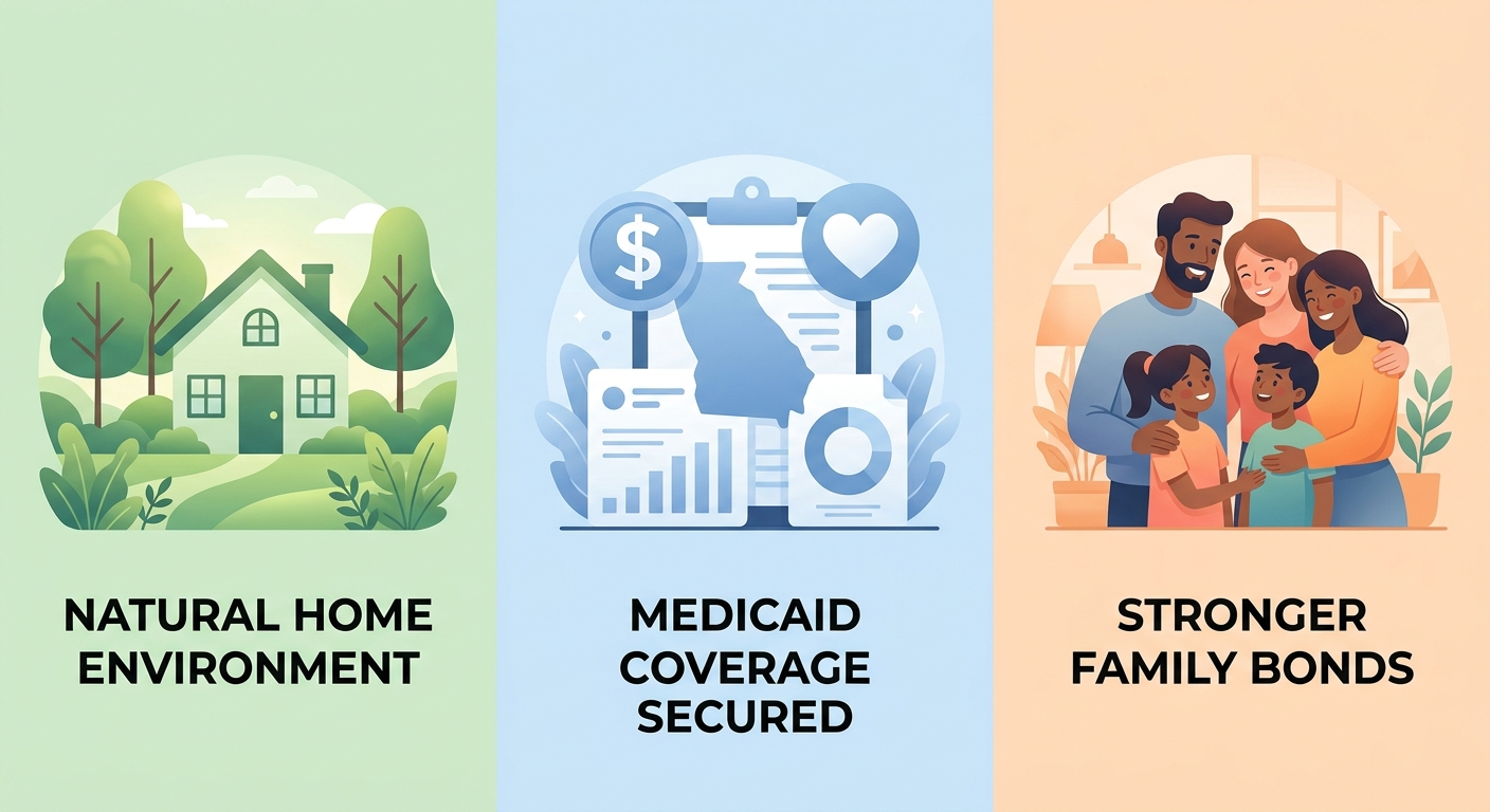Infographic with three panels comparing benefits of in-home ABA therapy. Left panel in green showing a house icon with text 'Generalizes skills & reduces anxiety'. Center panel in blue with a dollar sign and heart icon and text 'Affordable therapy covered by Medicaid'. Right panel in orange with a family icon and text 'Parent & sibling involvement'. Pastel color scheme, clean design.