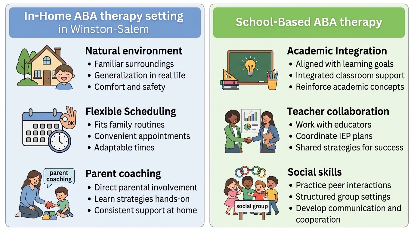 Comparison infographic of in-home and school-based ABA therapy in Winston-Salem with icons and bullet points