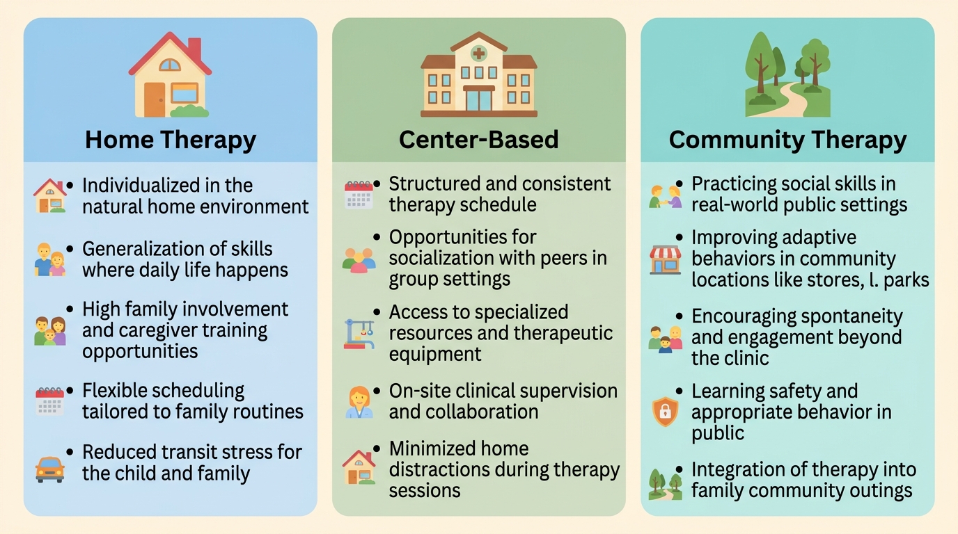Infographic comparing in-home, center-based, and community-based ABA therapy benefits for Winston-Salem families with icons and color-coded sections