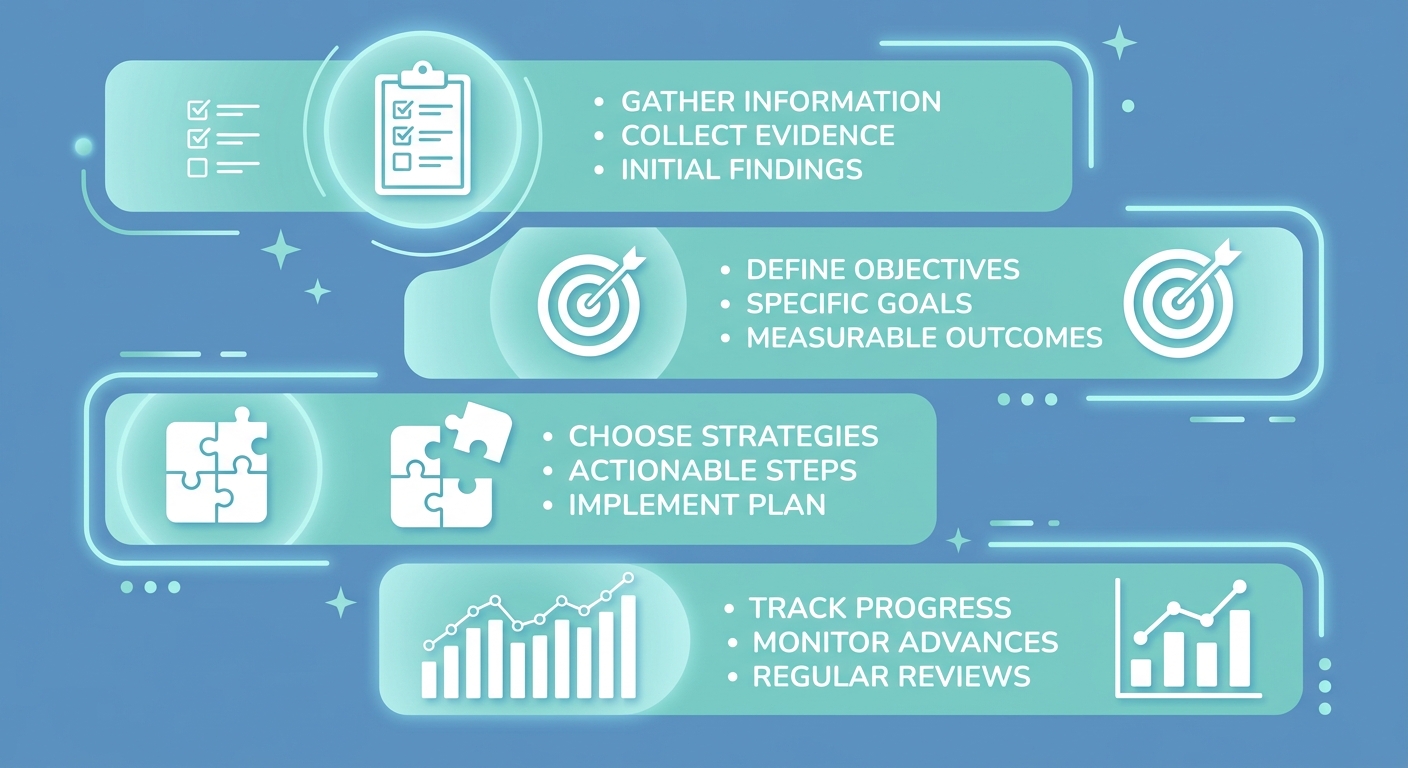 Infographic illustrating the four building blocks of a personalized ABA treatment plan: Assessment Data, SMART Goals, Intervention Strategies, and Progress Measurement, each with a distinct icon and brief phrase in calming blues and greens.