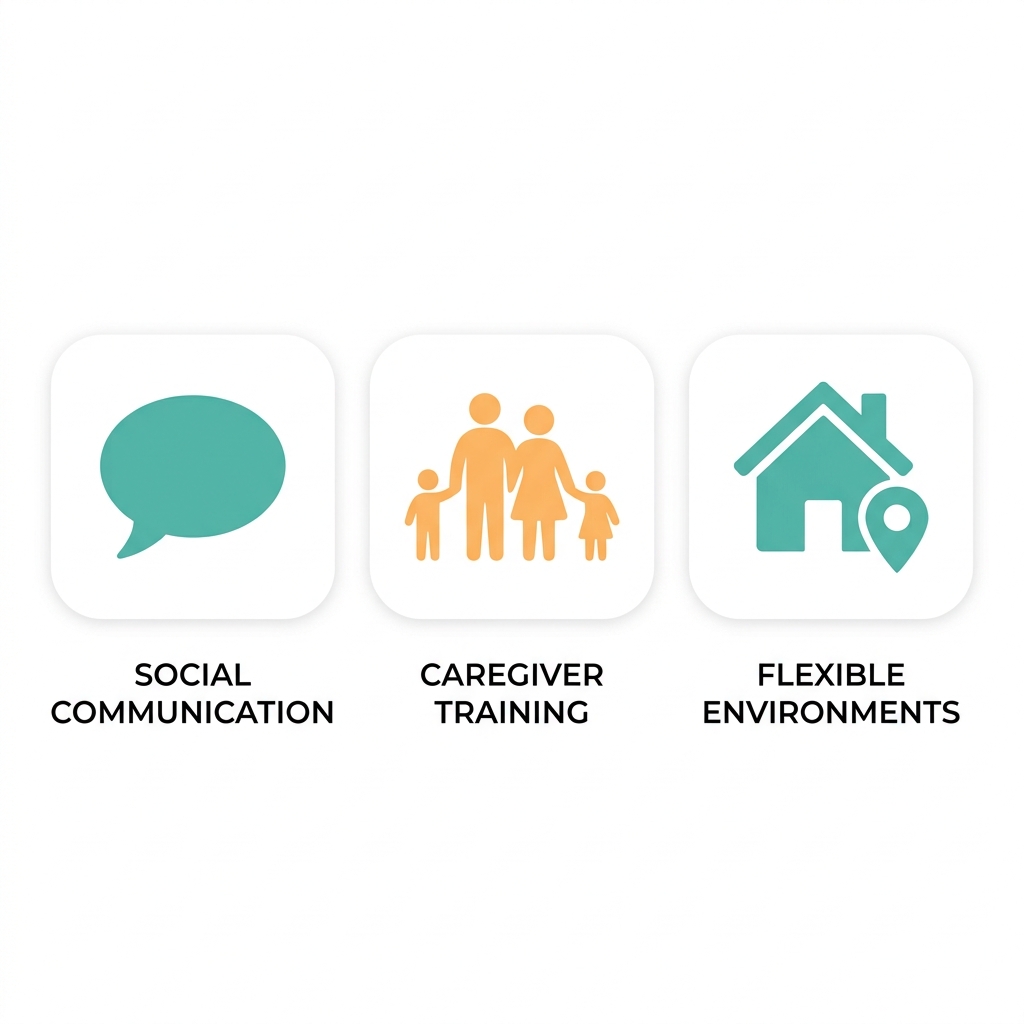 Set of three icons representing ABA therapy benefits: speech bubble for social communication skills, family silhouette for caregiver training, and house with location pin for flexible therapy environments
