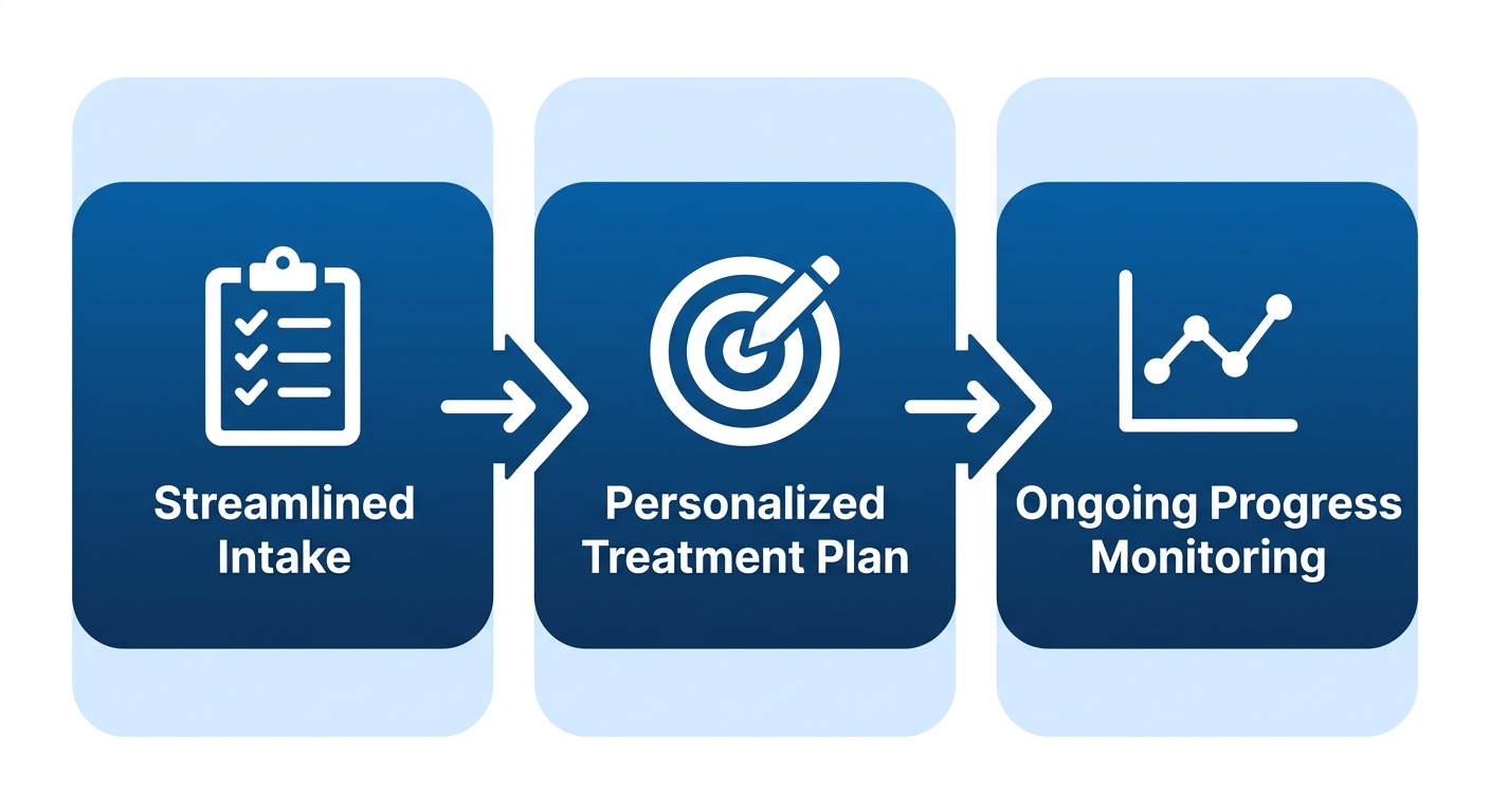ABA therapy process showing three steps: Streamlined Intake and Assessment, Personalized Treatment Plan, and Ongoing Progress Monitoring.